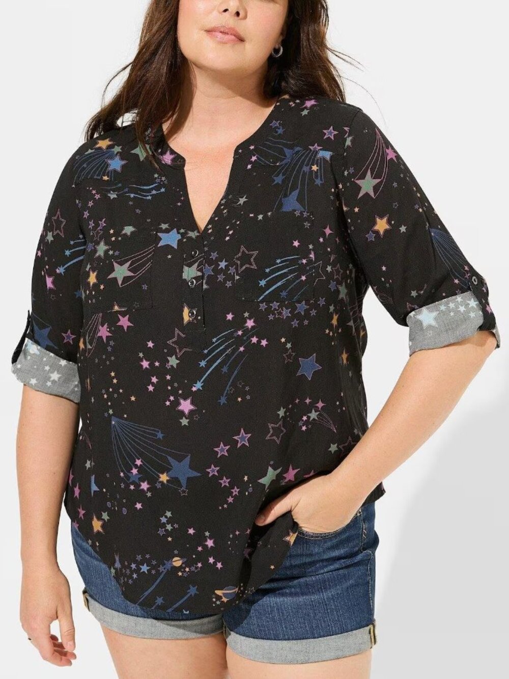 TORRID 2 Plus Size Harper Challis 3/4 Sleeve Top Black Multi Star Stars Blouse